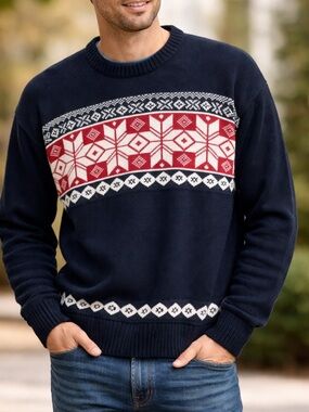 Dockers men's navy blue & red cotton knit sweater snowflake Fair Isle design XXL
